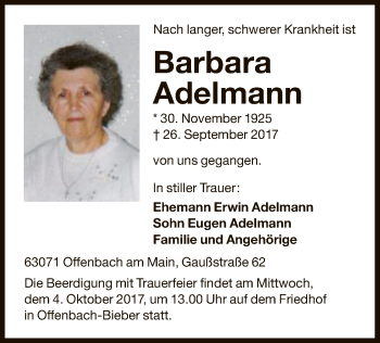 Traueranzeige von Barbara Adelmann von Offenbach