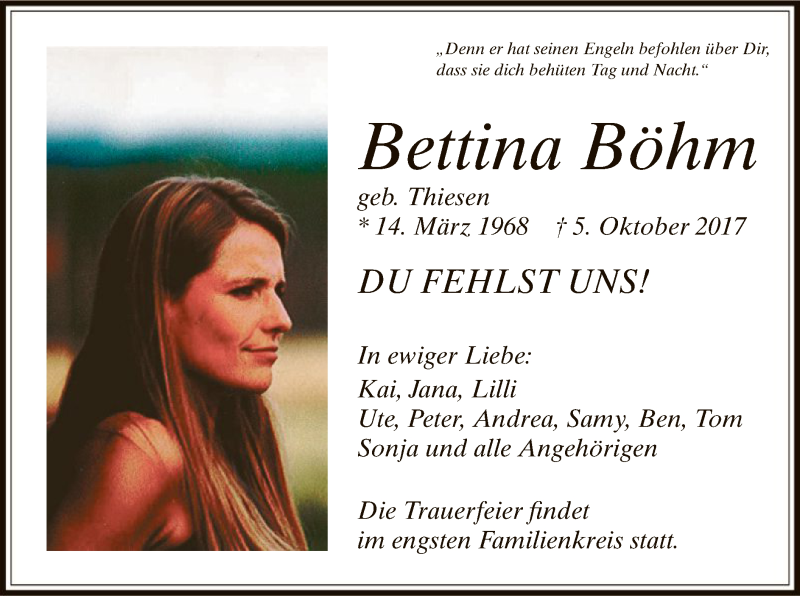  Traueranzeige für Bettina Böhm vom 11.10.2017 aus Offenbach