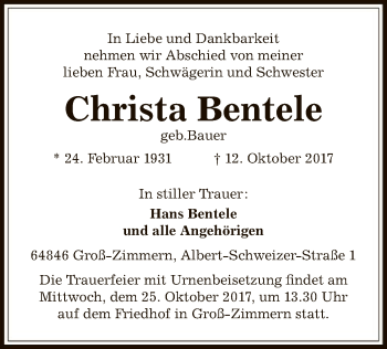 Traueranzeige von Christa Bentele von Offenbach