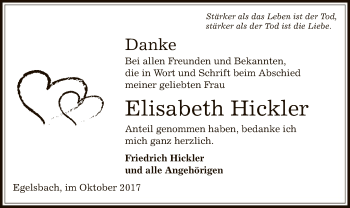 Traueranzeige von Elisabeth Hickler von Offenbach