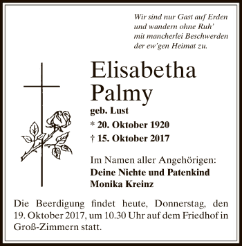 Traueranzeige von Elisabetha Palmy von Offenbach