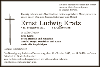 Traueranzeige von Ernst Ludwig Kratz von Offenbach