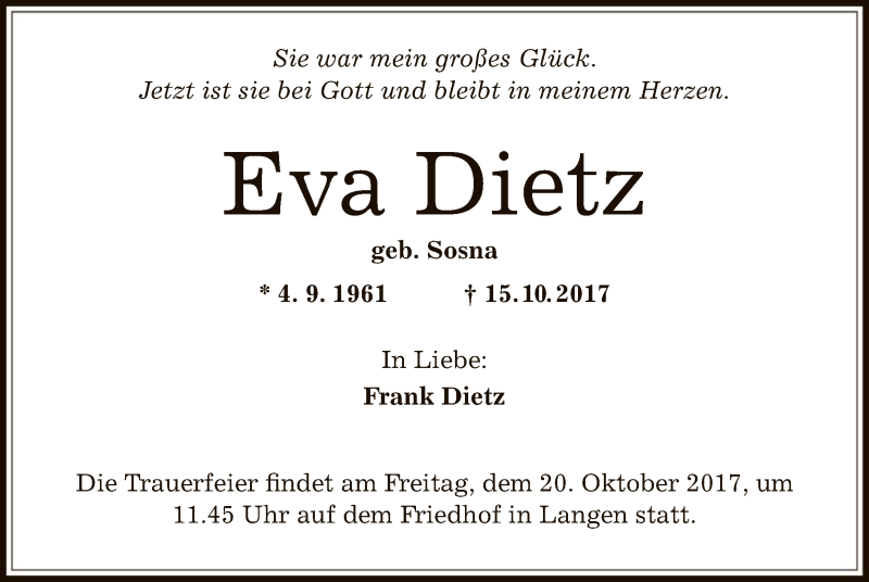  Traueranzeige für Eva Dietz vom 19.10.2017 aus Offenbach