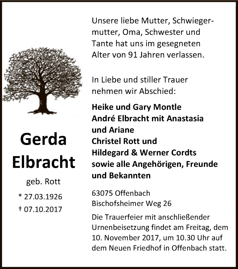  Traueranzeige für Gerda Elbracht vom 21.10.2017 aus Offenbach