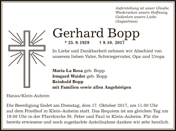 Traueranzeige von Gerhard Bopp von Offenbach