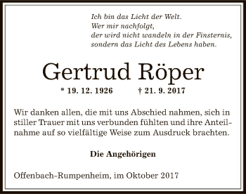 Traueranzeige von Gertrud Röper von Offenbach