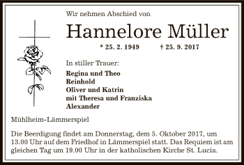 Traueranzeige von Hannelore Müller von Offenbach