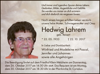 Traueranzeige von Hedwig Lahrem von Offenbach