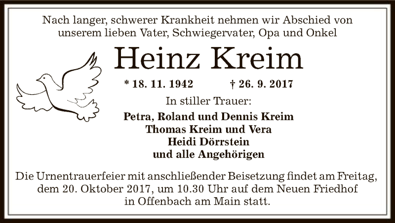  Traueranzeige für Heinz Kreim vom 14.10.2017 aus Offenbach