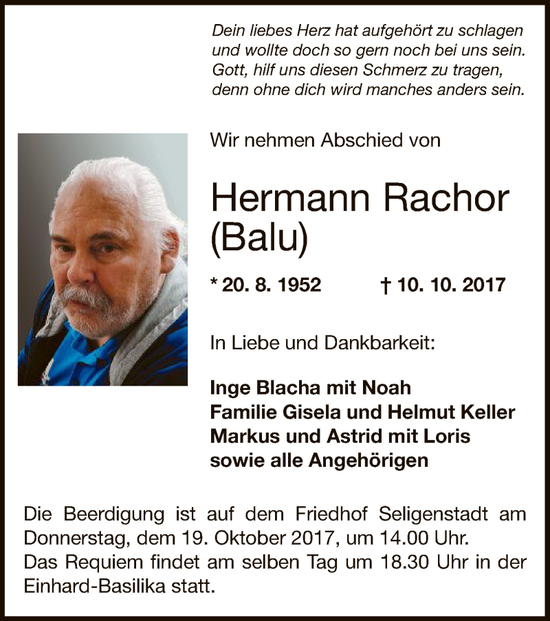  Traueranzeige für Hermann Rachor vom 18.10.2017 aus Offenbach
