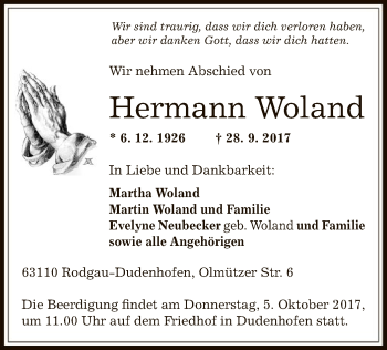 Traueranzeige von Hermann Woland von Offenbach