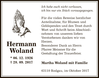 Traueranzeige von Hermann Woland von Offenbach