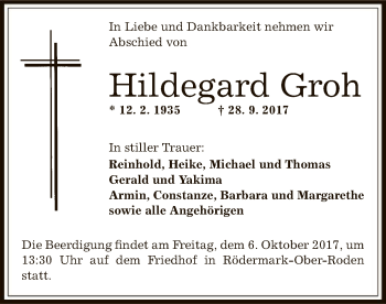 Traueranzeige von Hildegard Groh von Offenbach