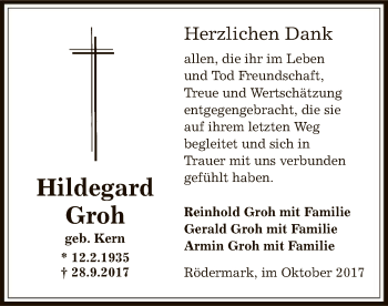 Traueranzeige von Hildegard Groh von Offenbach