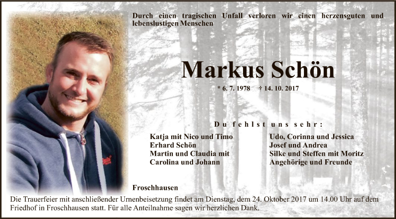  Traueranzeige für Markus Schön vom 18.10.2017 aus Offenbach