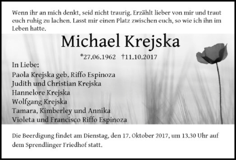  Traueranzeige für Michael Krejska vom 16.10.2017 aus Offenbach