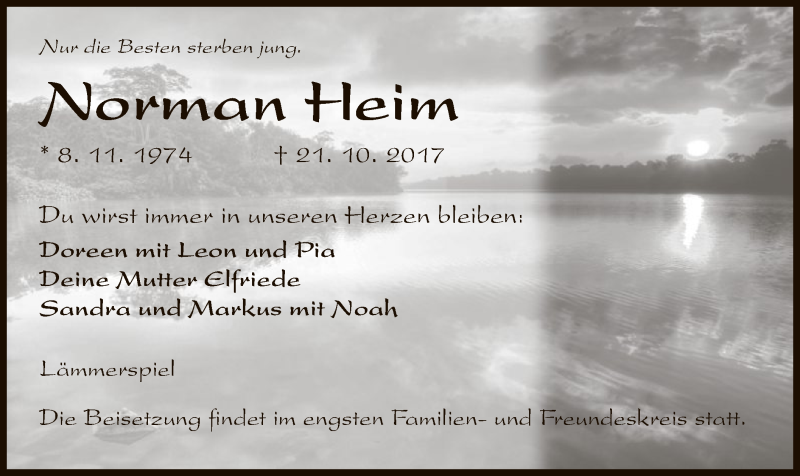  Traueranzeige für Norman Heim vom 28.10.2017 aus Offenbach