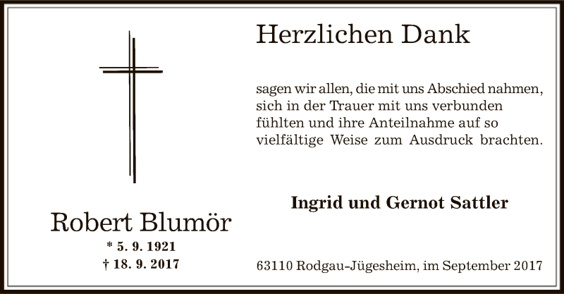  Traueranzeige für Robert Blumör vom 05.10.2017 aus Offenbach