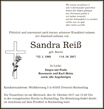 Traueranzeige von Sandra Reiß von Offenbach