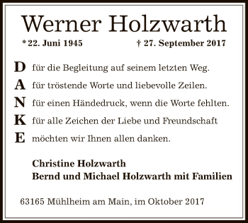 Traueranzeige von Werner Holzwarth von Offenbach