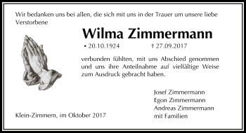 Traueranzeige von Wilma Zimmermann von Offenbach