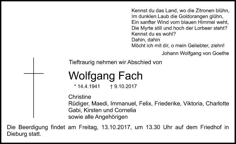  Traueranzeige für Wolfgang Fach vom 12.10.2017 aus Offenbach