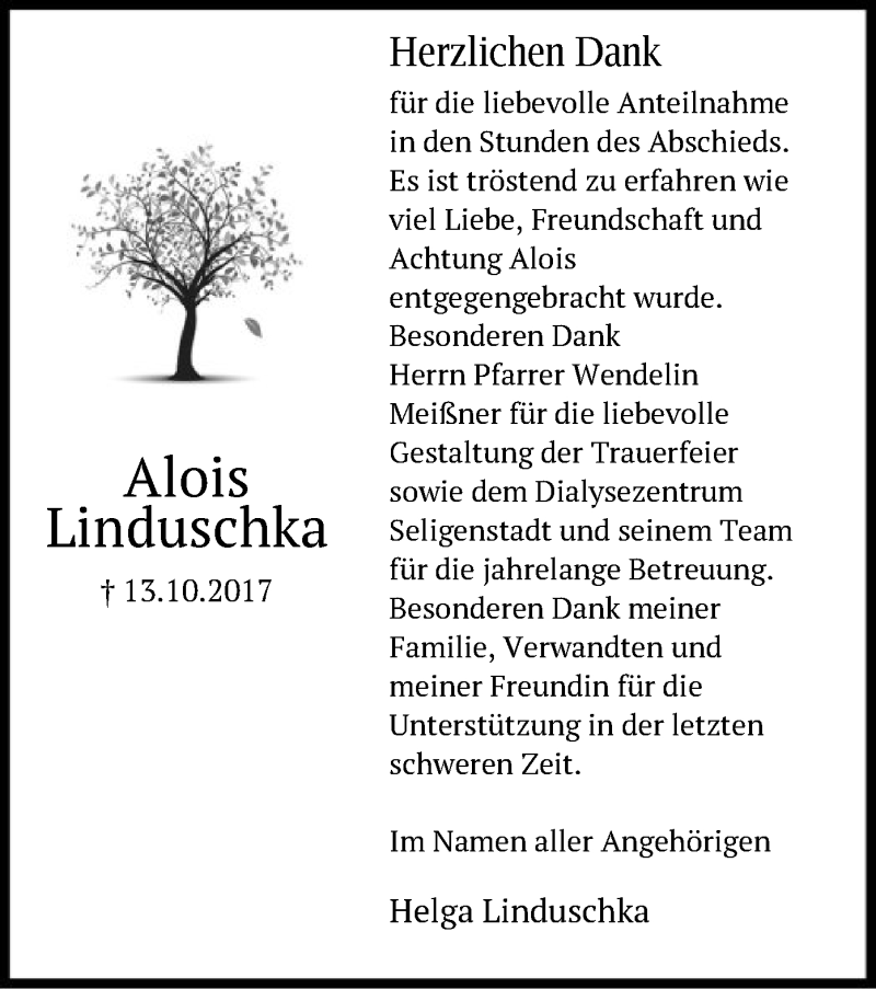  Traueranzeige für Alois Linduschka vom 23.11.2017 aus Offenbach