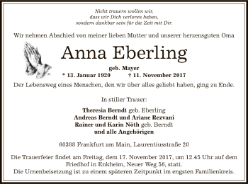 Traueranzeige von Anna Eberling von Offenbach