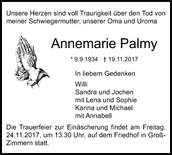 Traueranzeige von Annemarie Palmy von Offenbach