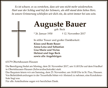 Traueranzeige von Auguste Bauer von Offenbach