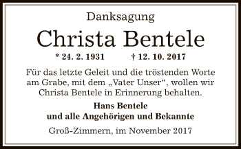 Traueranzeige von Christa Bentele von Offenbach