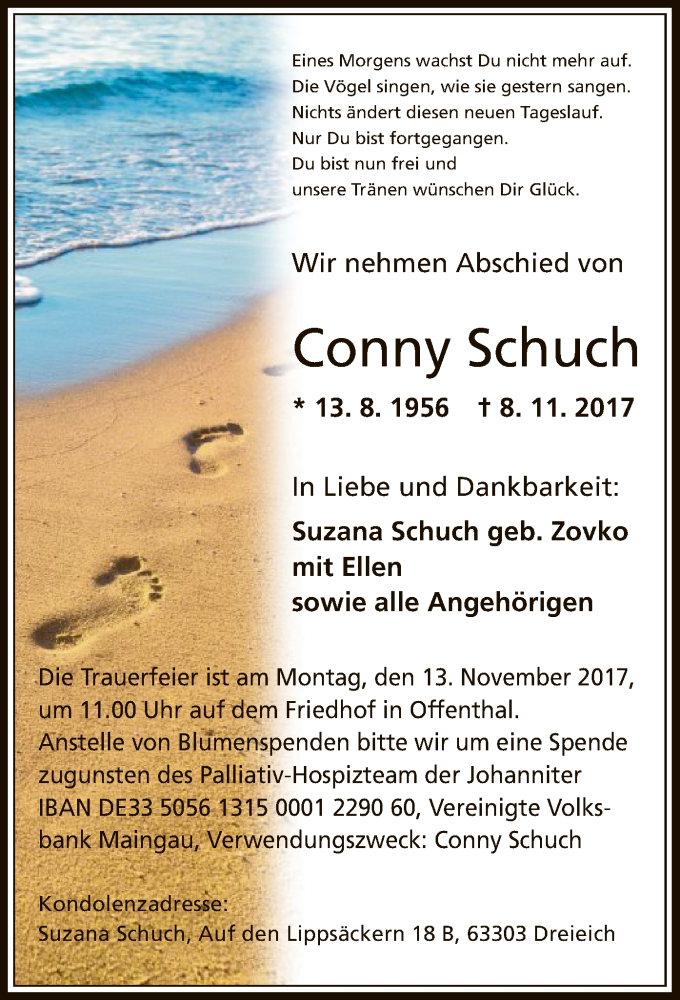  Traueranzeige für Conny Schuch vom 10.11.2017 aus Offenbach