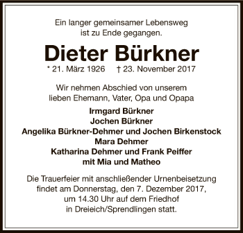 Traueranzeige von Dieter Bürkner von Offenbach