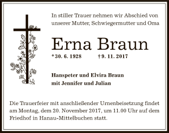 Traueranzeige von Erna Braun von Offenbach