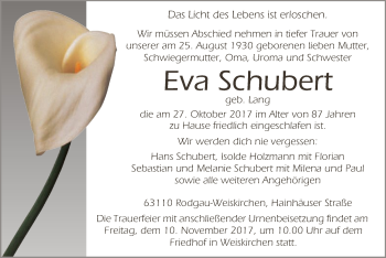 Traueranzeige von Eva Schubert von Offenbach