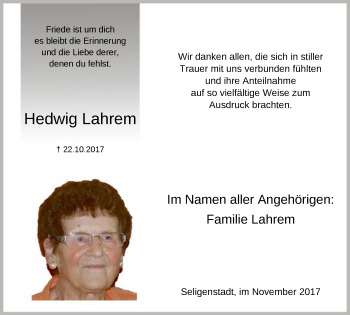 Traueranzeige von Hedwig Lahrem von Offenbach