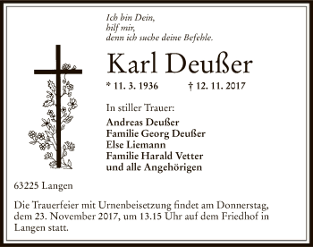 Traueranzeige von Karl Deußer von Offenbach