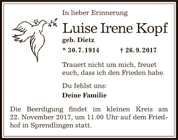 Traueranzeige von Luise Irene Kopf von Offenbach