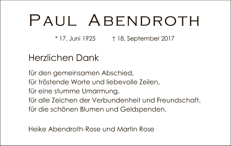  Traueranzeige für Paul Abendroth vom 11.11.2017 aus Offenbach