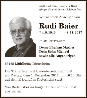 Traueranzeige von Rudi Baier von Offenbach