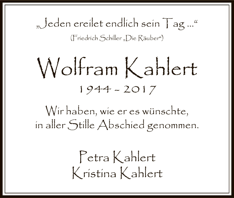  Traueranzeige für Wolfram Kahlert vom 18.11.2017 aus Offenbach