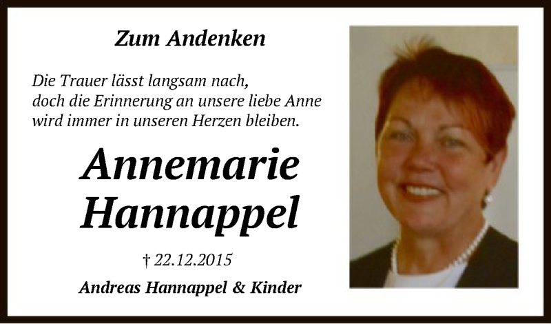  Traueranzeige für Annemarie Hannappel vom 28.12.2017 aus Offenbach