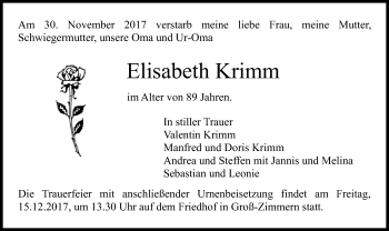 Traueranzeige von Elisabeth Krimm von Offenbach