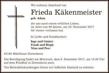 Traueranzeige von Frieda Käkenmeister von Offenbach