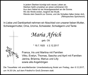 Traueranzeige von Maria Africh von Offenbach