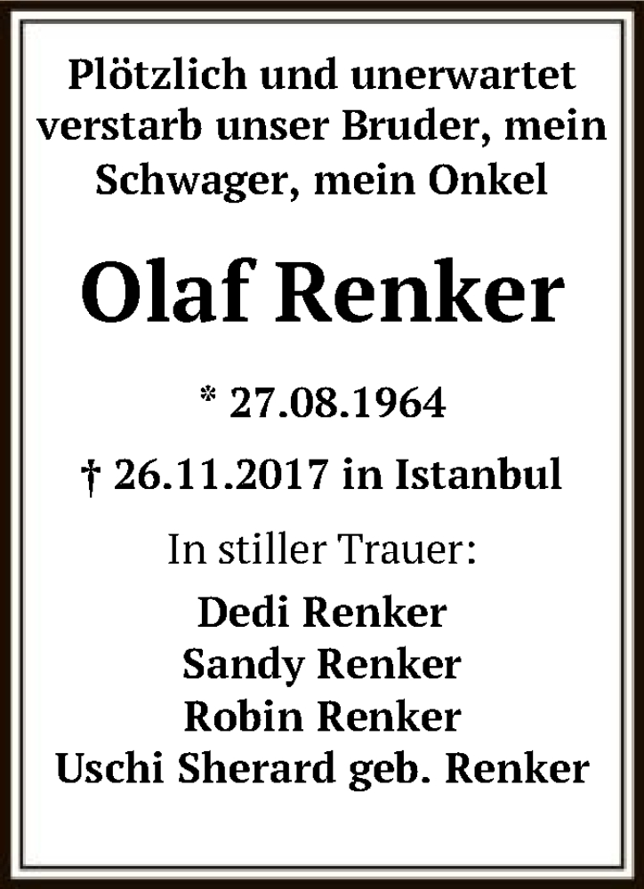  Traueranzeige für Olaf Renker vom 07.12.2017 aus Offenbach