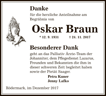 Traueranzeige von Oskar Braun von Offenbach