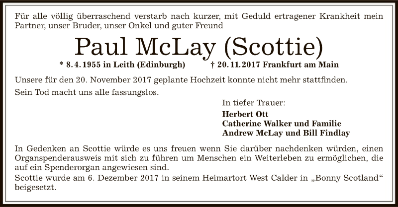  Traueranzeige für Paul McLay vom 07.12.2017 aus Offenbach