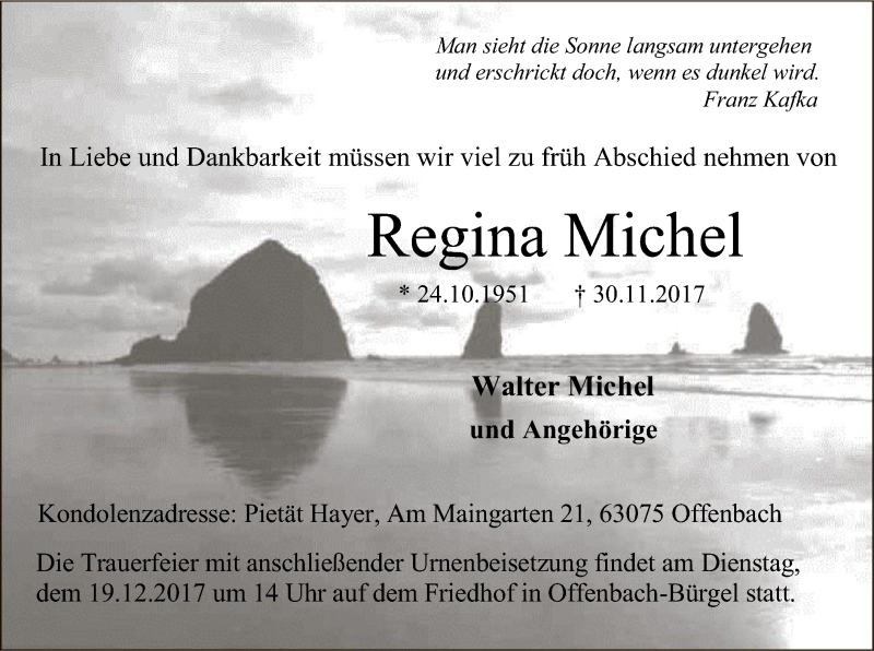  Traueranzeige für Regina Michel vom 16.12.2017 aus Offenbach