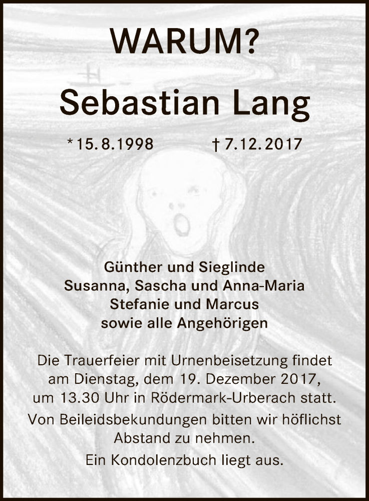  Traueranzeige für Sebastian Lang vom 14.12.2017 aus Offenbach